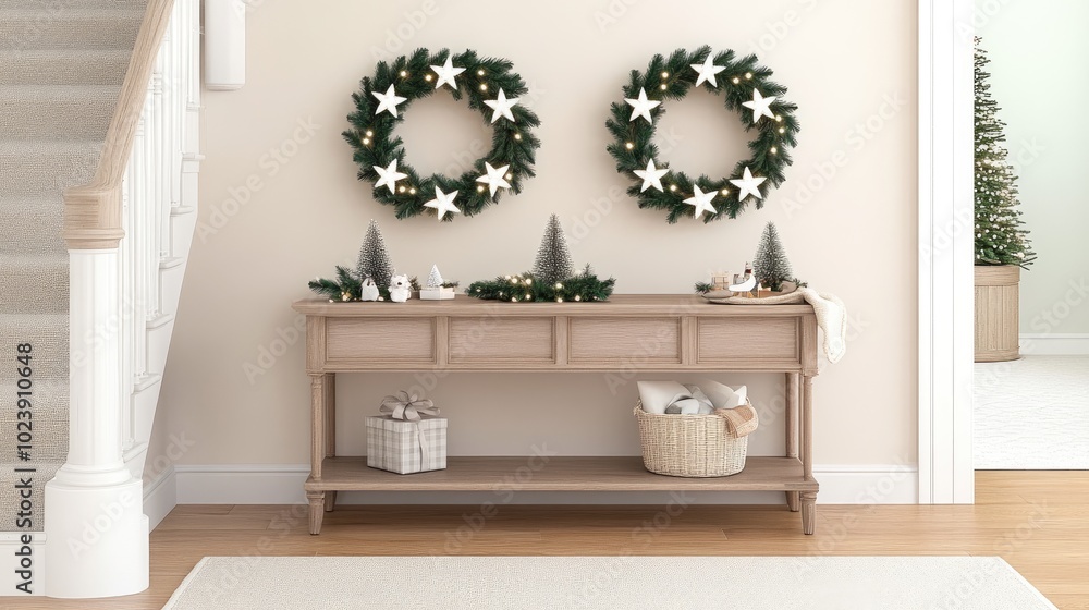 Fototapeta premium Wreaths made of LED lights and greenery hang on a minimalist wall, complemented by a wooden console showcasing beautifully wrapped gift boxes in a cozy setting