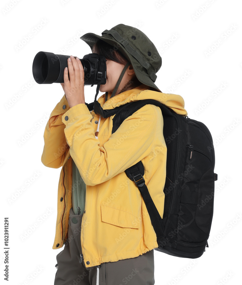 Photographer with backpack and camera taking picture on white background Photographer with backpack and camera taking picture on white background