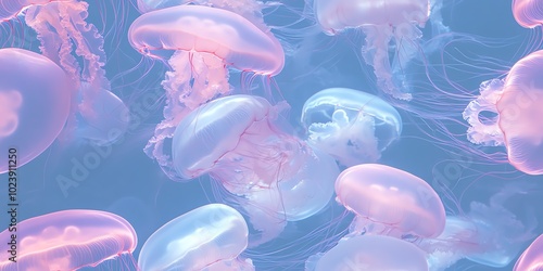 Pastelcolored jellyfish with sea stars photo