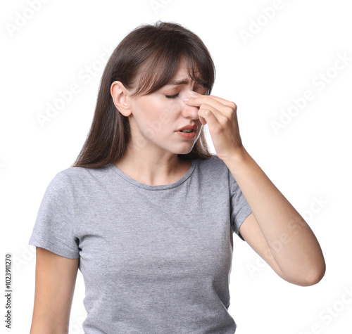 Woman suffering from sinusitis on white background