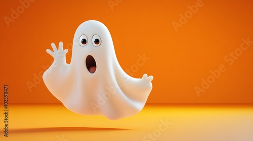 A whimsical, cartoon ghost with a surprised expression floats against a bold orange background, bringing a playful twist to the traditionally spooky figure.