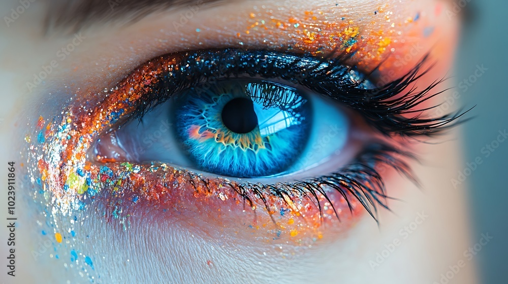 Close-up of a blue eye with colorful glitter makeup. Close-up of a blue eye with colorful glitter makeup.