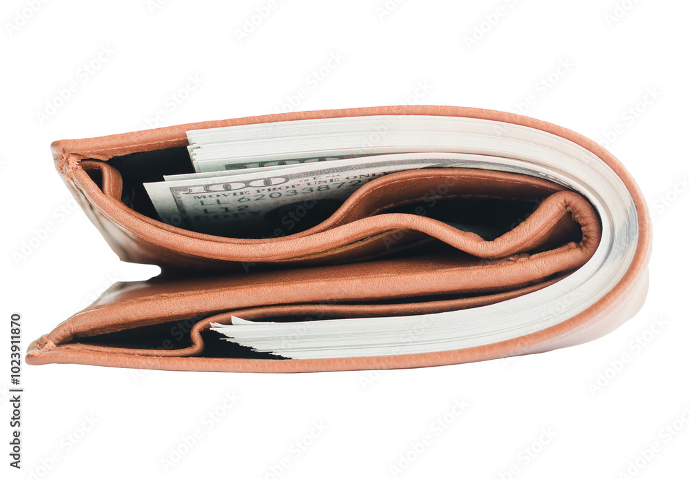 Full wallet with money, many banknotes in a brown wallet on a white background. Full wallet with money, many banknotes in a brown wallet on a white background.