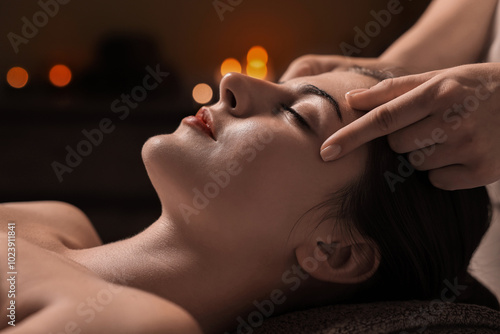 Attractive woman enjoying face massage, closeup. Beauty procedure