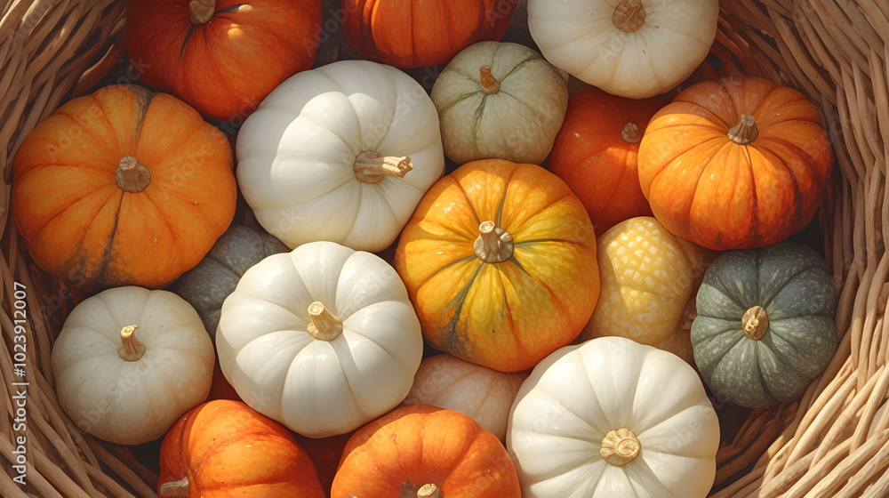 Pumpkin composition, texture. Orange and white decorative pumpkins. Harvest