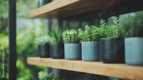 Succulents in blue and black pots sit on a wooden shelf.