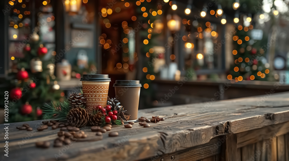 Christmas market with hot coffee on the wooden table with Christmas decoration , Christmas tree on the background and winter mood Christmas market with hot coffee on the wooden table with Christmas decoration , Christmas tree on the background and winter mood