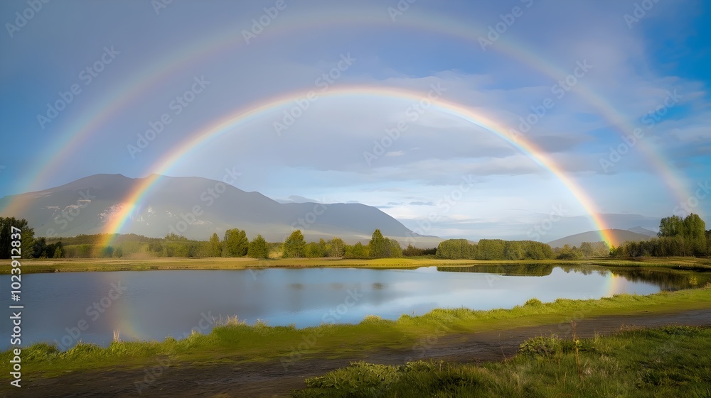Photo of a rainbow arching over a serene landscape with a calm lake, green grass, and mountains Photo of a rainbow arching over a serene landscape with a calm lake, green grass, and mountains