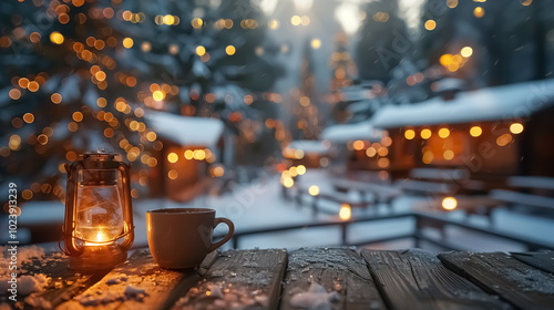 Christmas market with hot coffee on the wooden table with Christmas decoration , Christmas tree on the background and winter mood