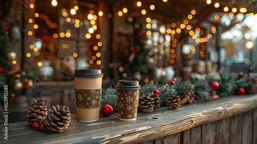 Christmas market with hot coffee on the wooden table with Christmas decoration , Christmas tree on the background and winter mood