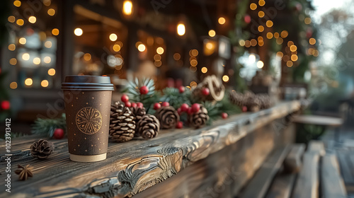 Christmas market with hot coffee on the wooden table with Christmas decoration , Christmas tree on the background and winter mood photo