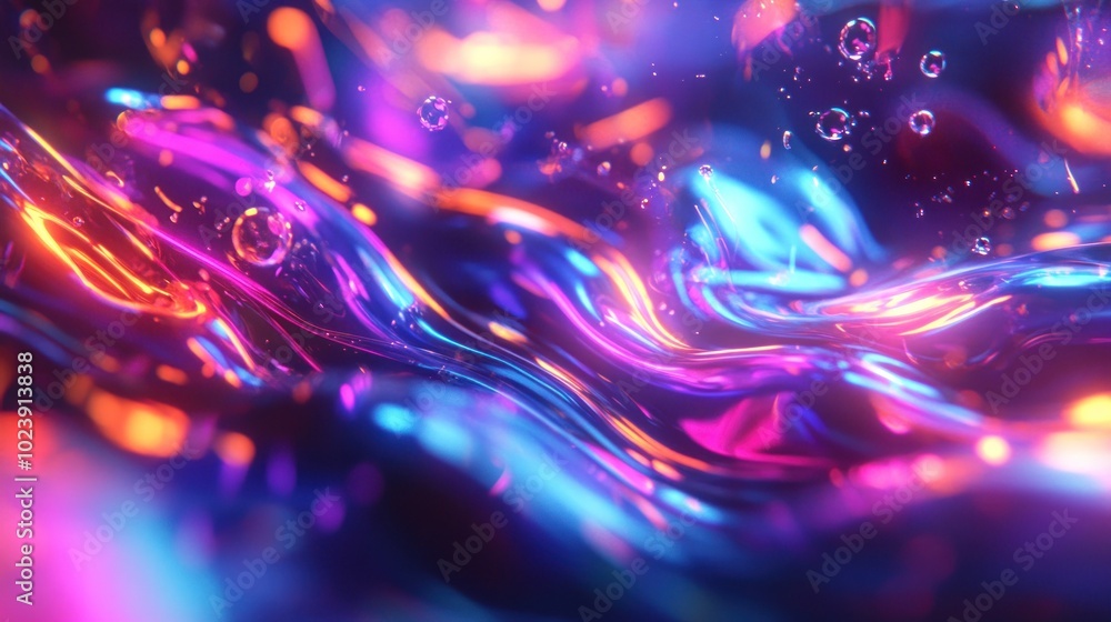 Abstract Wavy Liquid Surface with Neon Lights and Bubbles Abstract Wavy Liquid Surface with Neon Lights and Bubbles