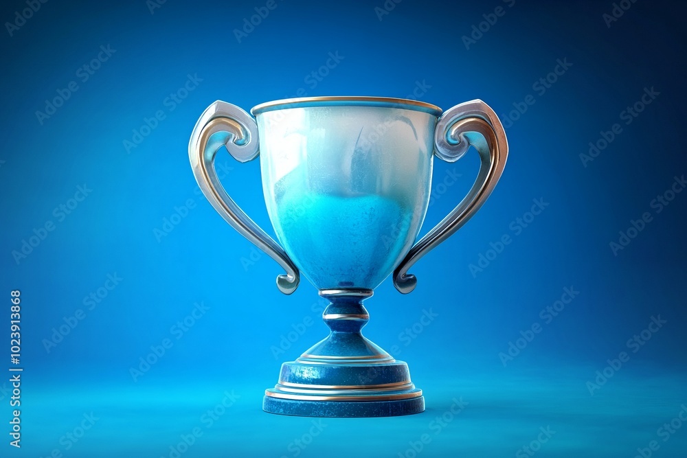 3D trophy cup illustration for champions, symbolizing sport victory and competition, designed with a vibrant blue background 3D trophy cup illustration for champions, symbolizing sport victory and competition, designed with a vibrant blue background