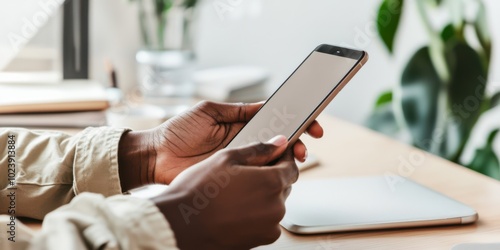 A person holding a smartphone with both hands, sitting at a desk