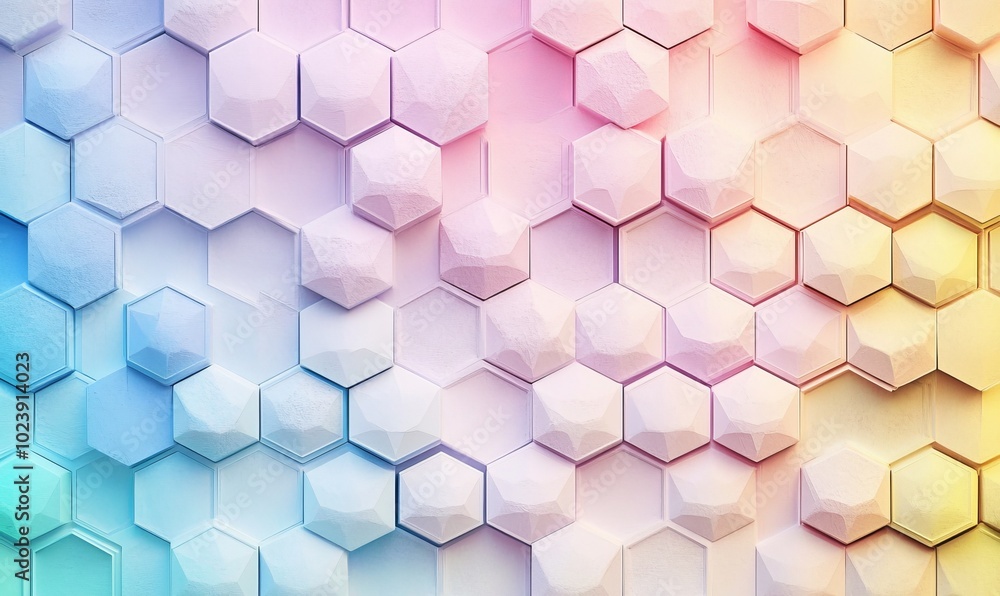 A smooth surface displaying a gradient of pastel rainbow colors in hexagonal shapes, creating a vibrant and visually appealing design A smooth surface displaying a gradient of pastel rainbow colors in hexagonal shapes, creating a vibrant and visually appealing design