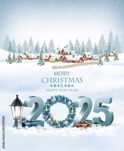 Merry Christmas and Happy New Year holiday background with colorful gift boxes and garland. Vector.