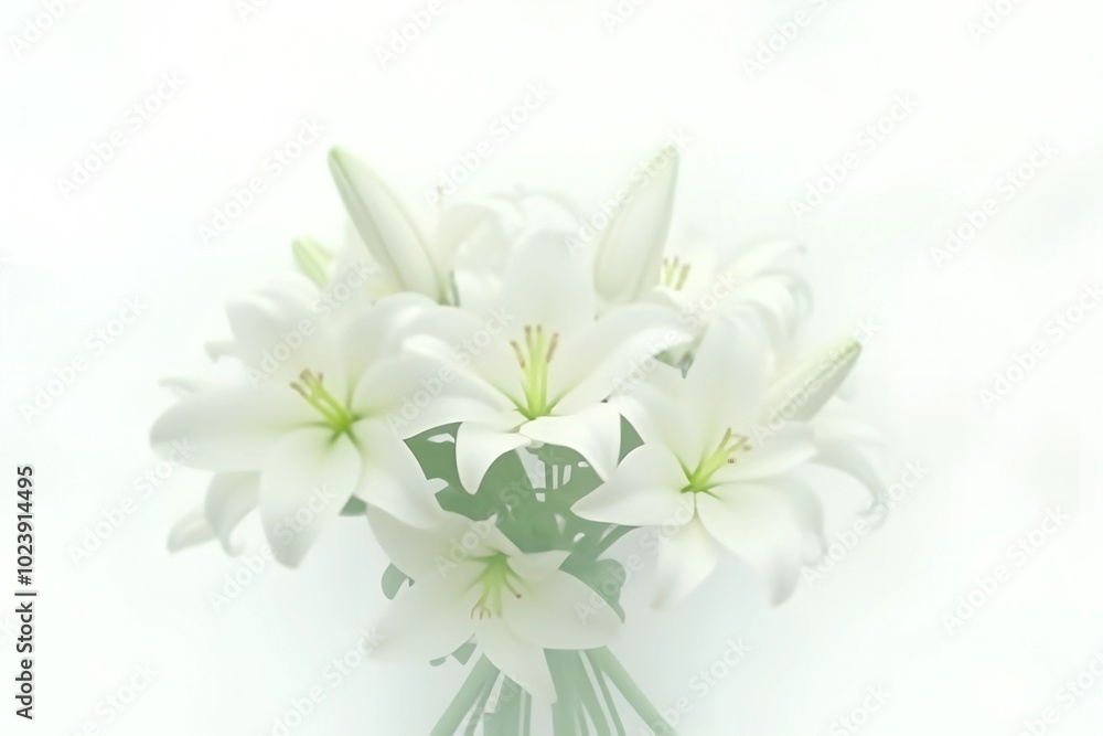 Fototapeta premium A serene still life featuring a pure white lily bouquet against a minimalist white background