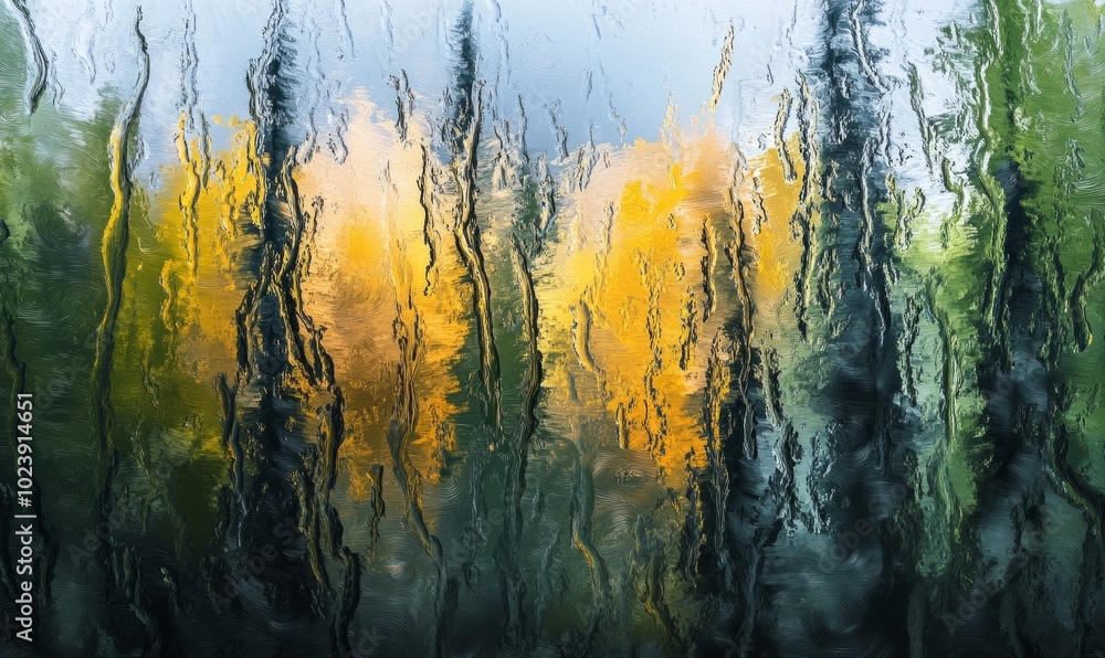Abstract art of pouring rain in a Yukon forest, creating a fairy tale setting Abstract art of pouring rain in a Yukon forest, creating a fairy tale setting