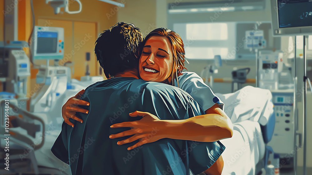 Joyful reunion in hospital, patient and loved one embrace warmly in heartfelt moment. Joyful reunion in hospital, patient and loved one embrace warmly in heartfelt moment.