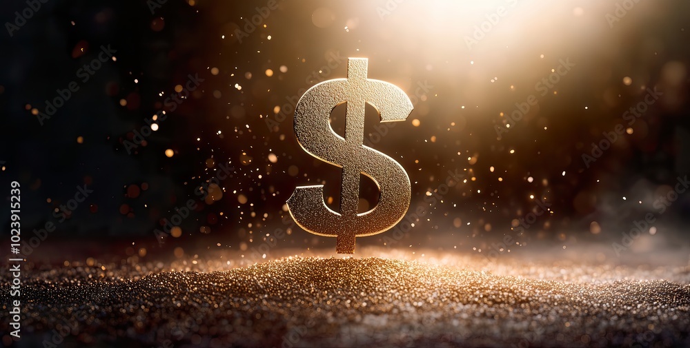 A golden 3D dollar sign standing on a glittery surface, illuminated by warm light with floating sparkles, evoking a luxurious and prosperous mood; perfect for commercial advertising A golden 3D dollar sign standing on a glittery surface, illuminated by warm light with floating sparkles, evoking a luxurious and prosperous mood; perfect for commercial advertising