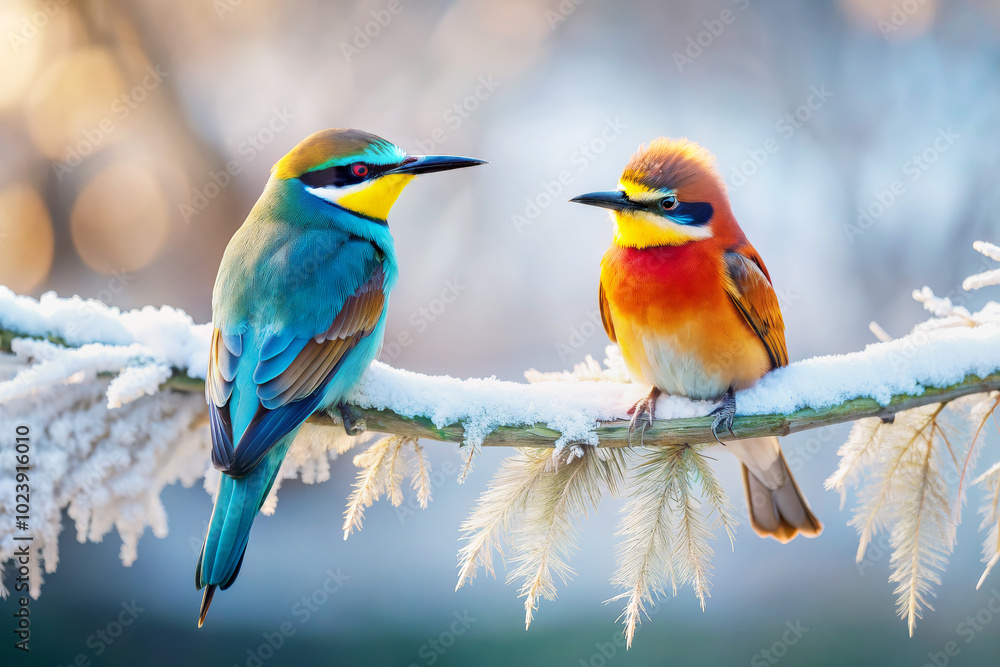 Two beautiful bright birds, two finches sit on a frost-covered branch. Winter landscape with birds. Two beautiful bright birds, two finches sit on a frost-covered branch. Winter landscape with birds.