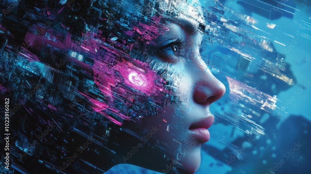 A Digital Portrait of a Woman's Face With Abstract Glitch Effects A Digital Portrait of a Woman's Face With Abstract Glitch Effects