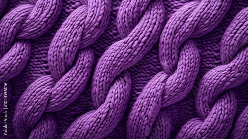 Texture of smooth knitted purple sweater with pattern. Flat lay style, close-up.