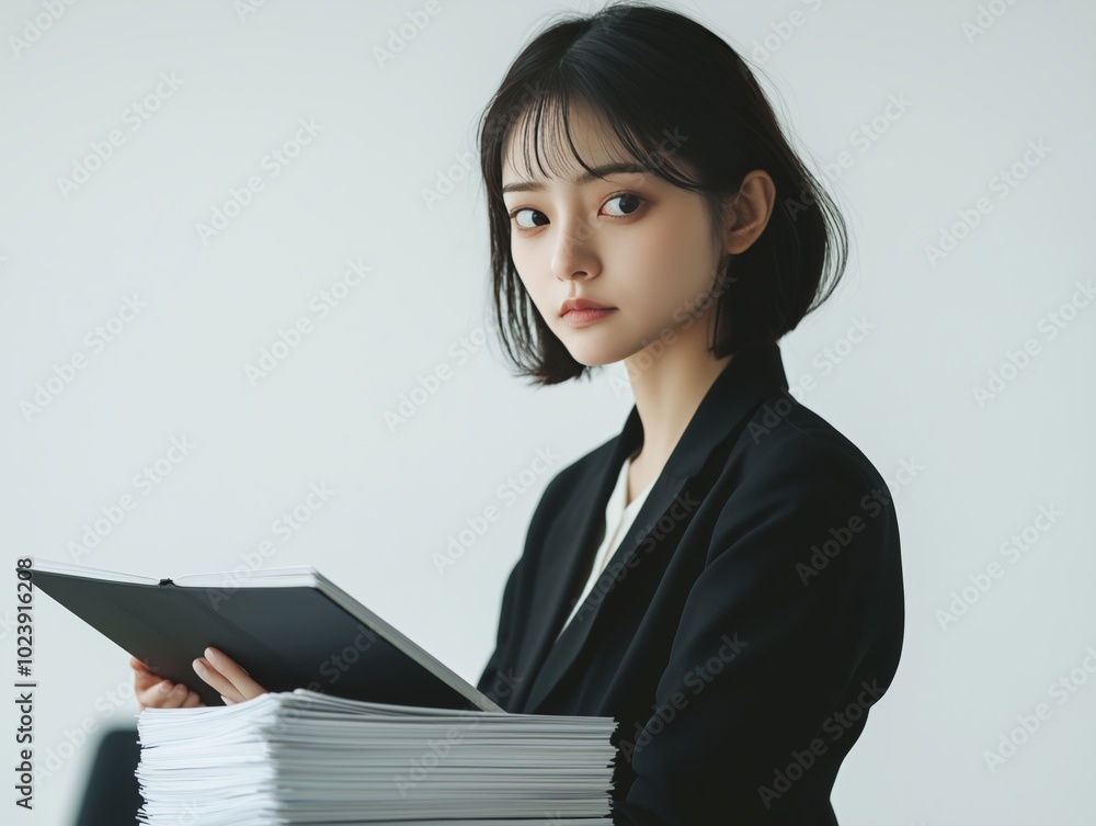 Young Businesswoman with Notepad in Modern Office Setting Young Businesswoman with Notepad in Modern Office Setting