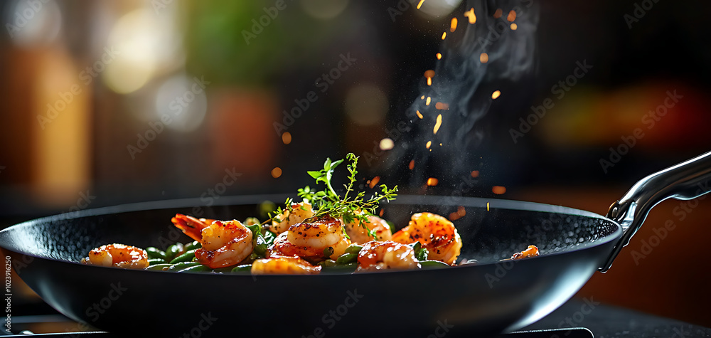 Sizzling shrimp with herbs in a pan, creating a delightful culinary experience. Sizzling shrimp with herbs in a pan, creating a delightful culinary experience.