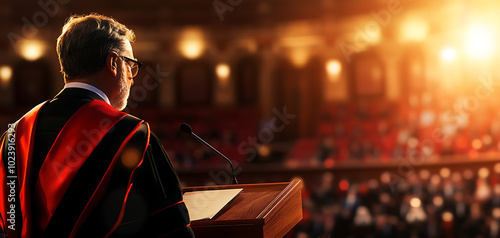 Wallpaper Mural Speaker addressing a large audience in a grand hall, warm lighting effects. Torontodigital.ca