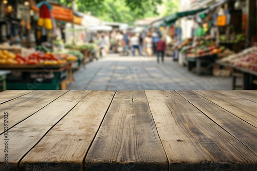 Blurred outdoor farmers market background with an empty wooden table for product placement