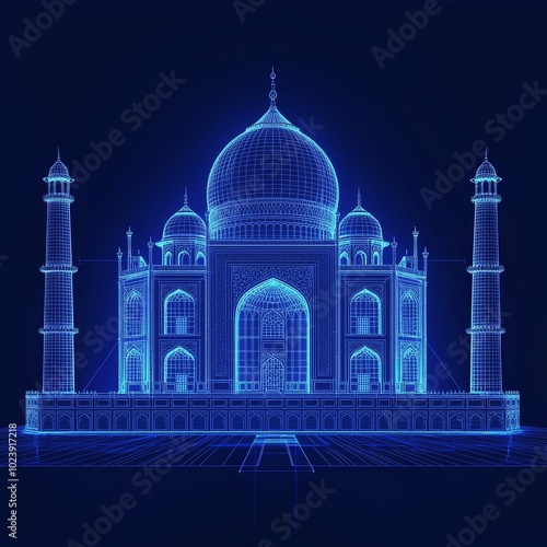 The Majestic Taj Mahal Reimagined: A Stunning Digital Blueprint of India's Iconic Mausoleum Illuminated in Vivid Blue Hues and Intricate Detail