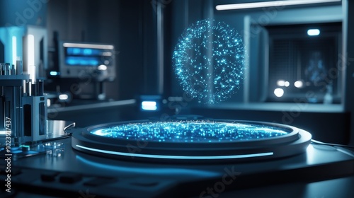 Futuristic Technology Sphere in Dark Robotic Laboratory