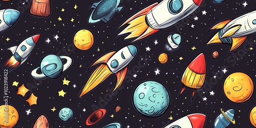 Fototapeta Naklejka Na Ścianę i Meble -  Cartoon space seamless pattern