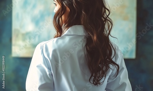 A woman wearing a white lab coat