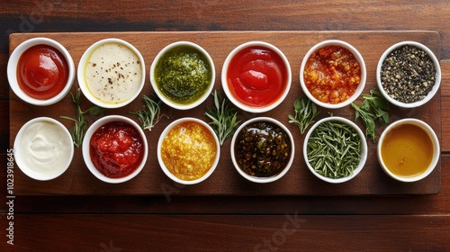 Variety of Sauces and Dips on Wooden Platter