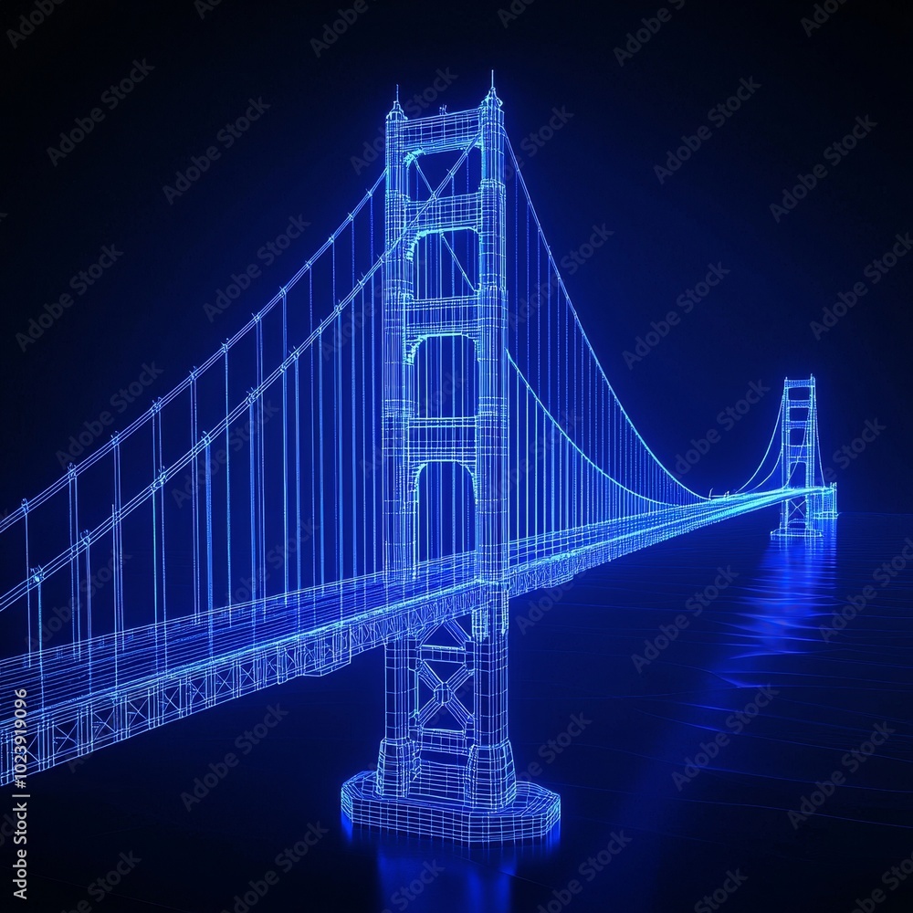 A Stunning Neon Wireframe Representation of a Bridge, Showcasing Innovative Design Against a Dark Backdrop of Night. A Stunning Neon Wireframe Representation of a Bridge, Showcasing Innovative Design Against a Dark Backdrop of Night.