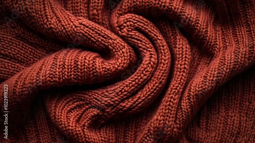 Texture of smooth knitted red brown sweater with pattern. Flat lay style, close-up. 