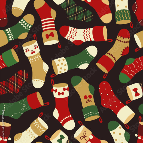 Seamless holiday pattern of colorful Christmas stockings for gifts on a dark background. Vector illustration for textile, gift wrapping, banner, cover, scrapbooking.