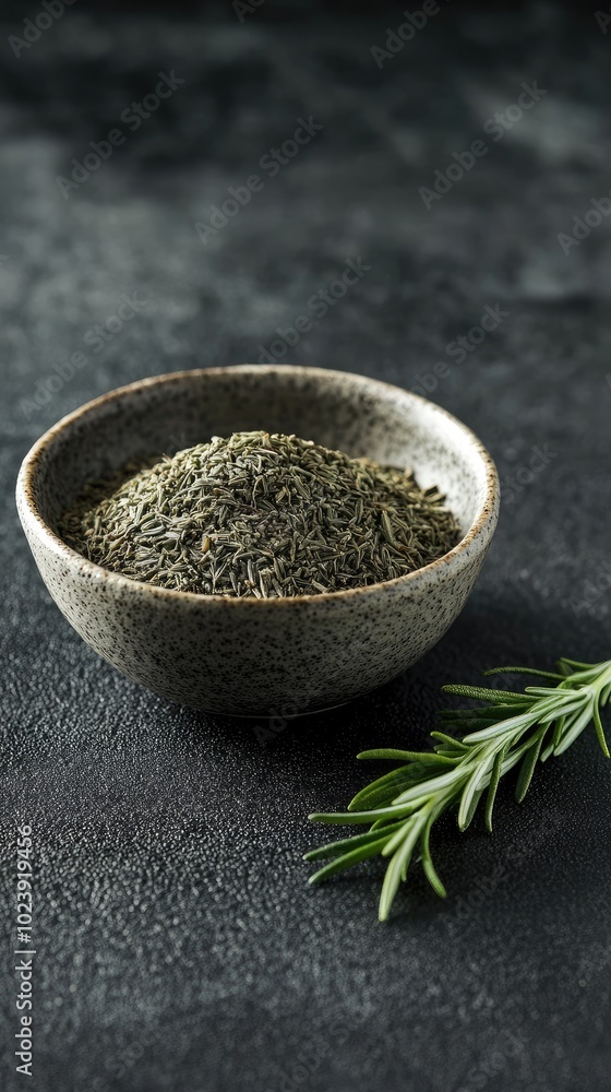 Vertical format, Fresh rosemary leaves beside a bowl filled with finely ground herbs on a dark countertop in a cozy kitchen Vertical format, Fresh rosemary leaves beside a bowl filled with finely ground herbs on a dark countertop in a cozy kitchen