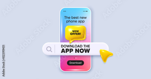 Wow offer tag. Phone mockup screen. Download the app now. Special Sale price sign. Advertising Discounts symbol. Phone download app search bar. Wow offer text message. Vector