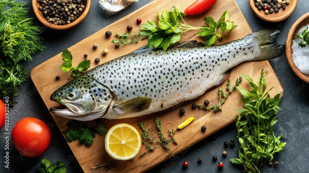 Fresh Trout with Herbs and Vegetables on Wooden Board Fresh Trout with Herbs and Vegetables on Wooden Board