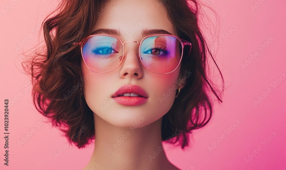A woman with neon colored glasses and a pink background A woman with neon colored glasses and a pink background