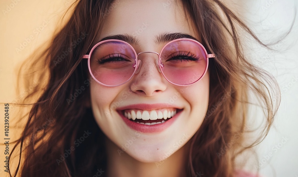 A woman with pink glasses is smiling and looking at the camera A woman with pink glasses is smiling and looking at the camera