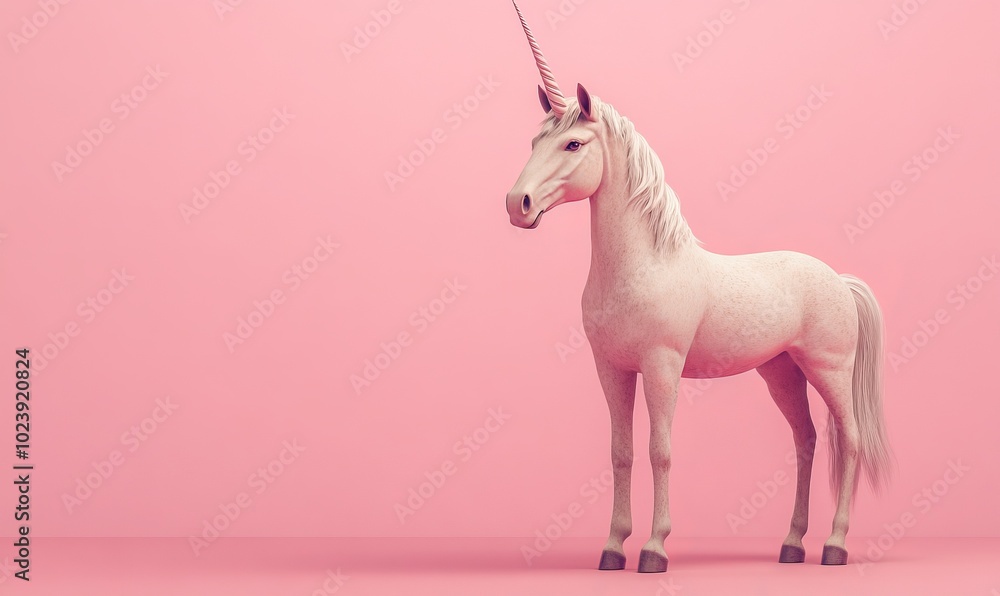 A unicorn with a long horn stands in front of a pink background A unicorn with a long horn stands in front of a pink background