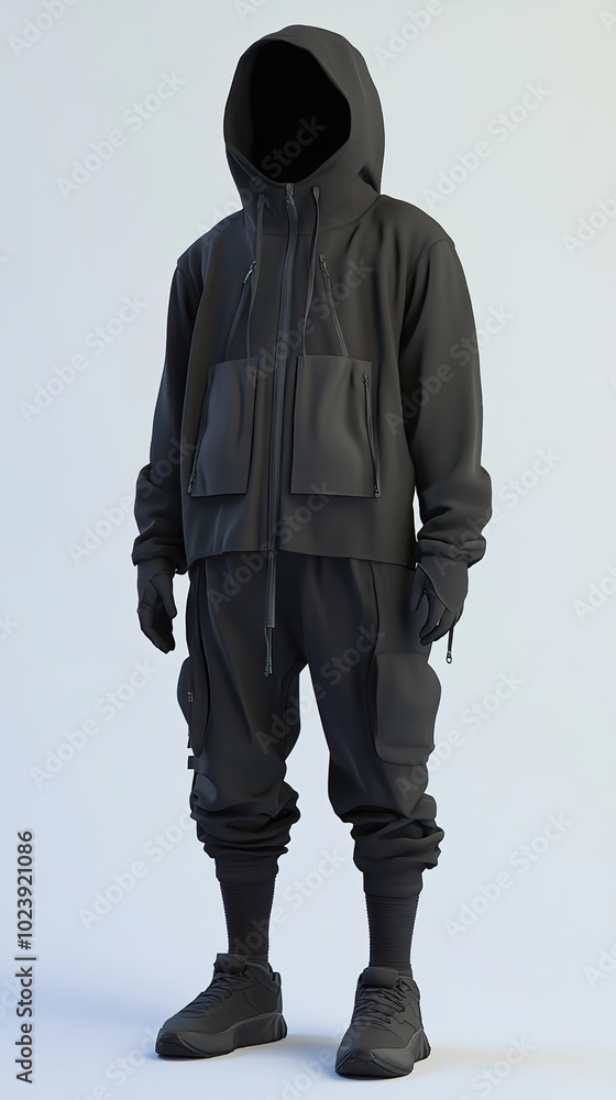 Fototapeta premium Black Streetwear Outfit: Hoodie, Pants, and Sneakers
