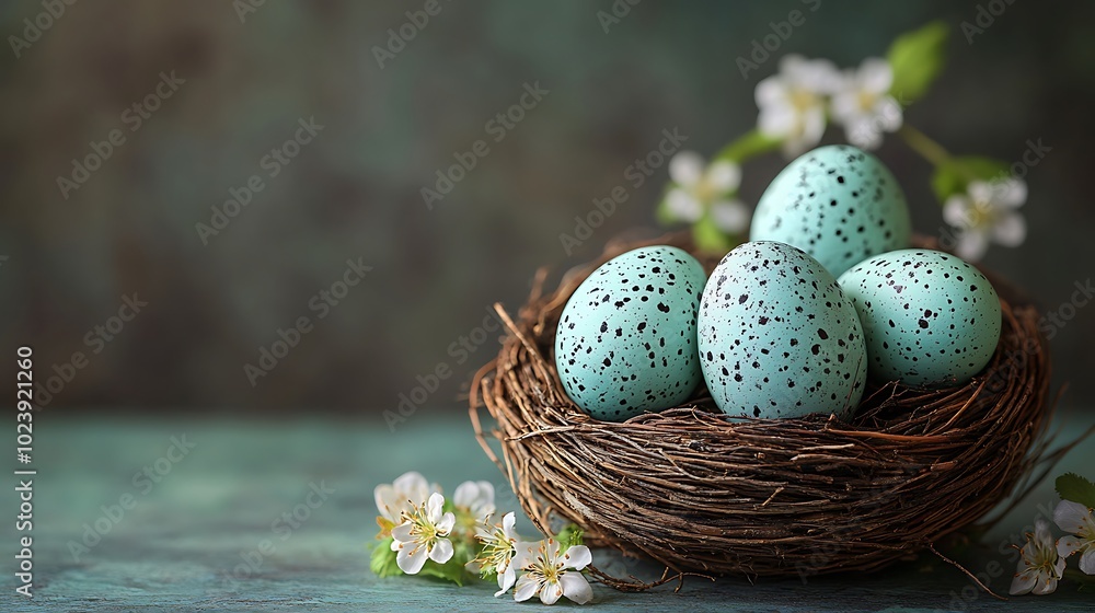 Blue speckled Easter eggs in a nest with white flowers. Blue speckled Easter eggs in a nest with white flowers.