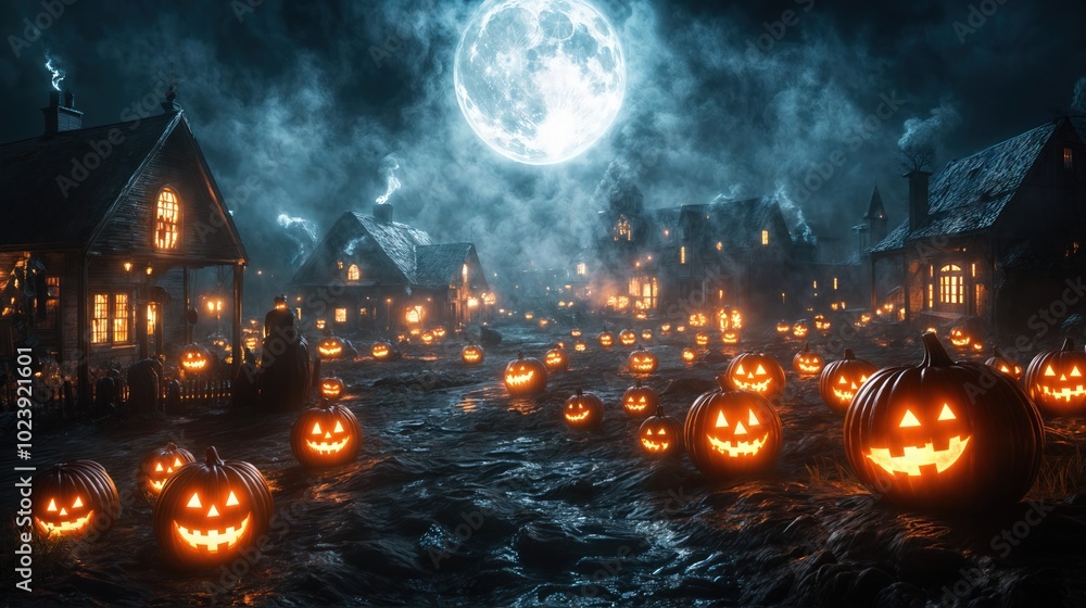 Halloween village filled with glowing jack-o'-lanterns under a full moon, creating a spooky yet festive scene on a misty night.
Halloween village filled with glowing jack-o'-lanterns under a full moon, creating a spooky yet festive scene on a misty night.