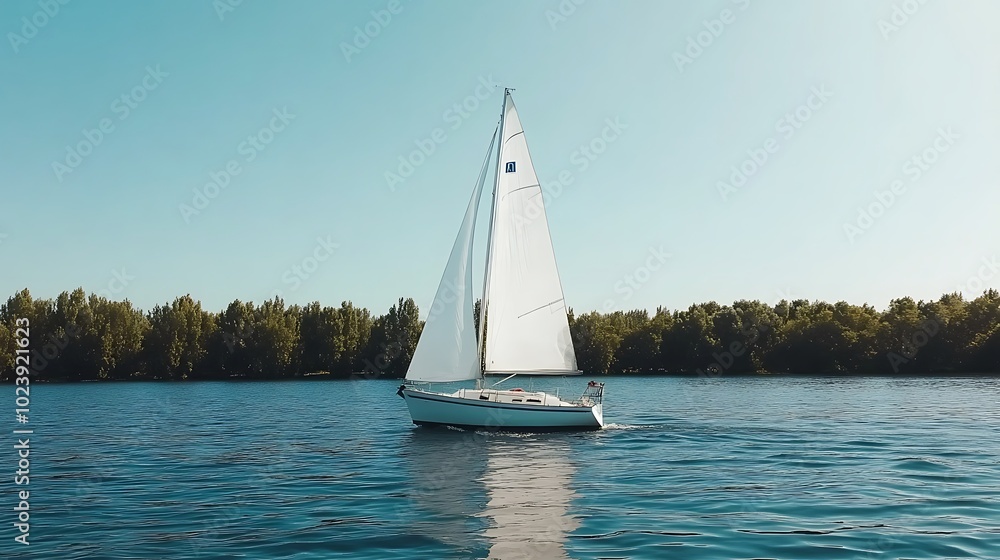 Obraz premium White sailboat with full sail gliding on a calm blue lake under a bright blue sky.