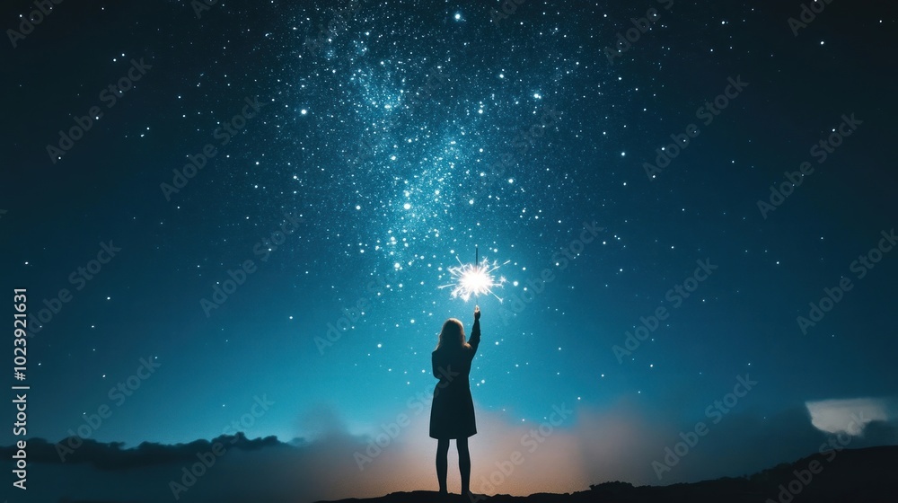 Silhouette of a Woman Holding a Sparklers Under a Starry Night Sky Silhouette of a Woman Holding a Sparklers Under a Starry Night Sky